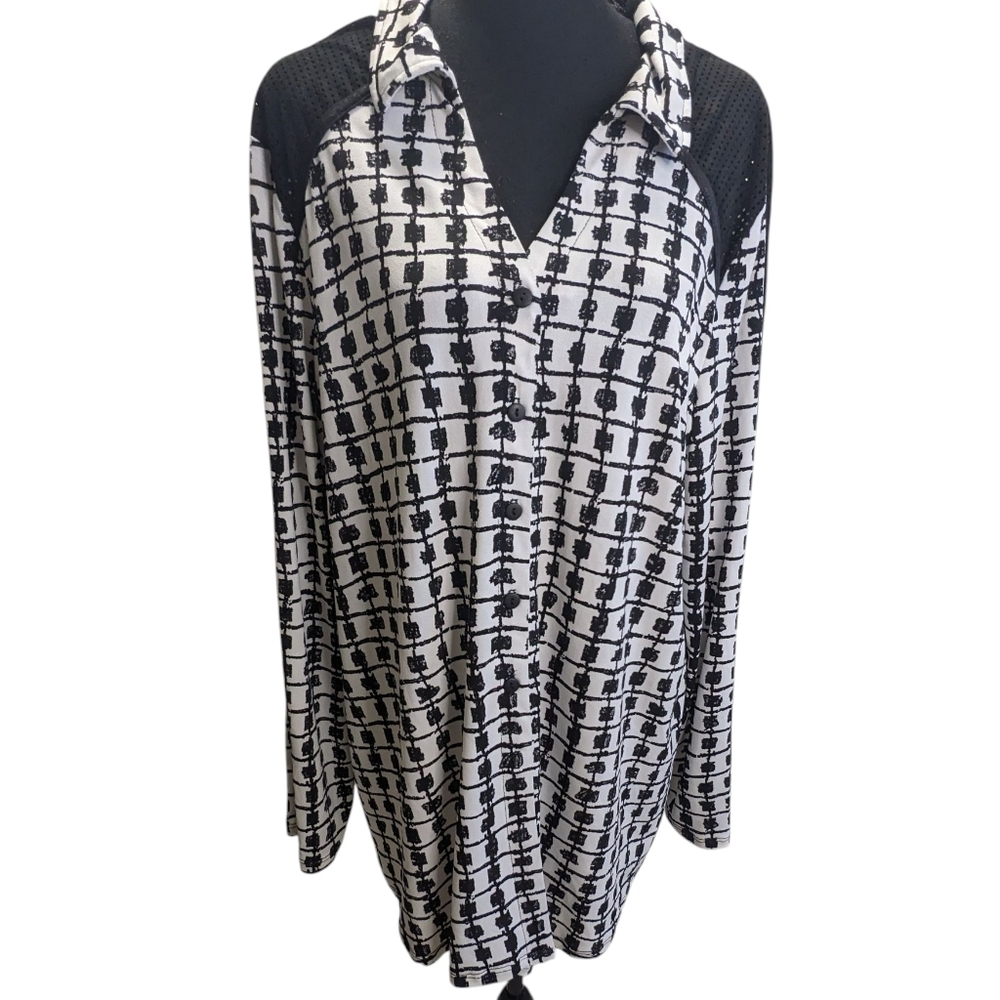 ZoE Women's NewStylish Black & White Multi Media Blouse Mesh Shoulders Size XL